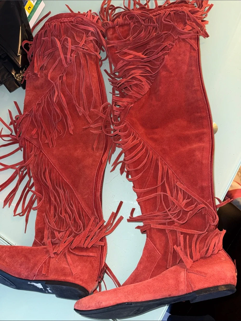 Sam Edelman Red Suede Over-the-Knee Fringe Boots